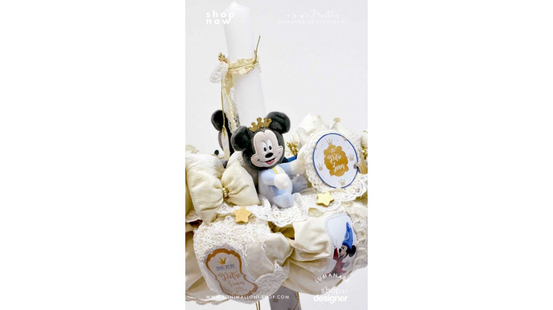 Lumanare botez Mickey Mouse personalizata grafic si inspirata din lumea Disney cu note roiale The King 3
